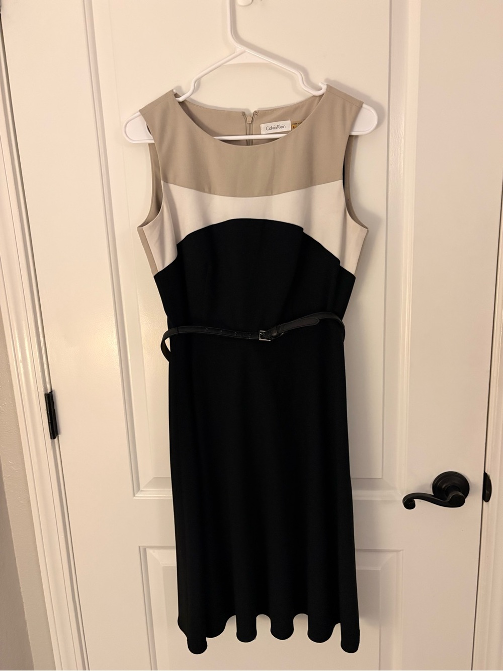 Calvin Klein Sleeveless Colorblock Midi Dress in Black, White & Taupe